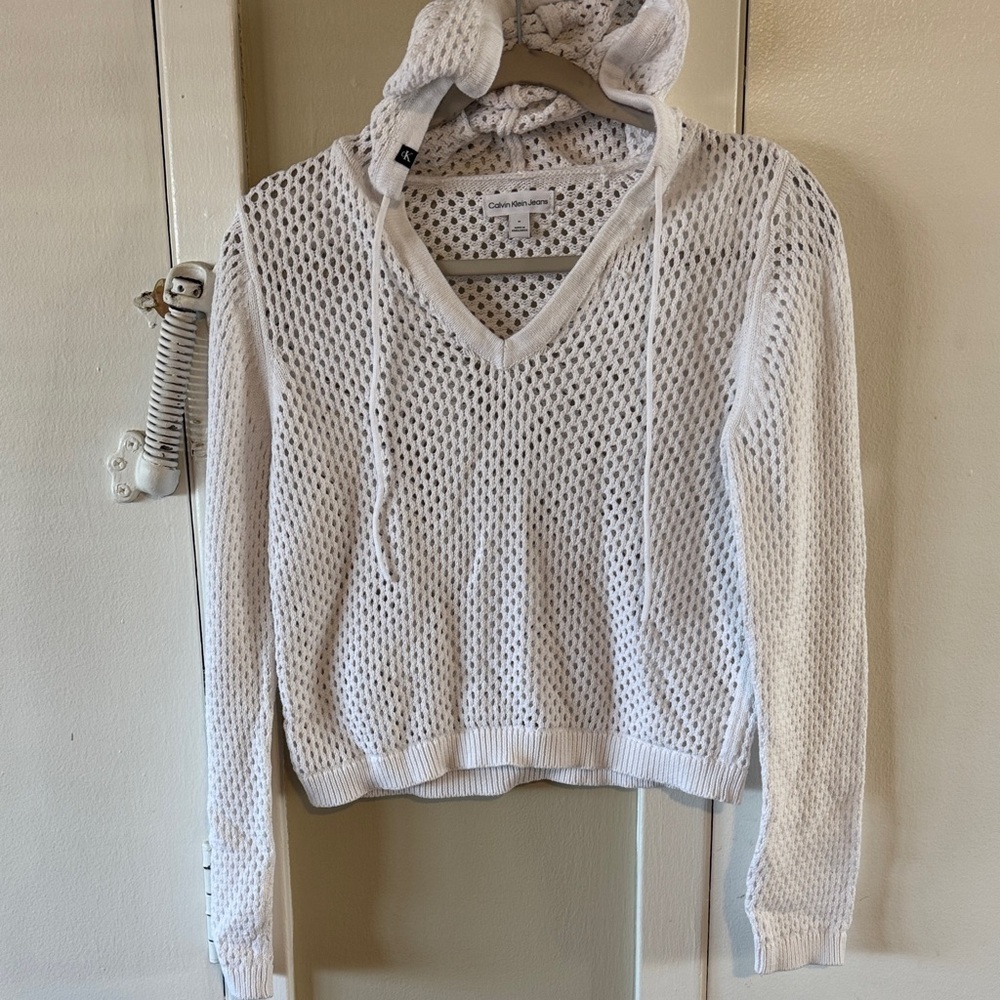Calvin Klein Cream Open-Weave Hooded Pullover